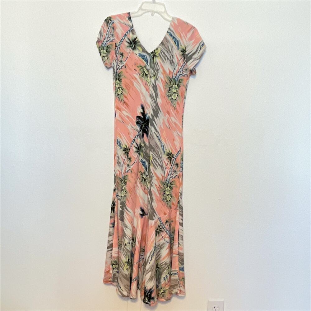Vintage Kauaiana Palm Print Trumpet Style Maxi Dress Pink Gray White Small - Picture 13 of 13